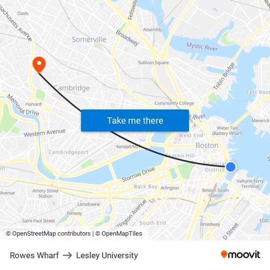 Rowes Wharf to Lesley University map