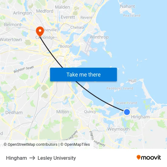 Hingham (Hewitts Cove) to Lesley University map