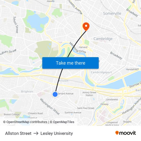 Allston Street to Lesley University map