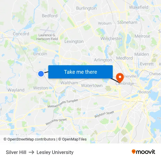 Silver Hill to Lesley University map
