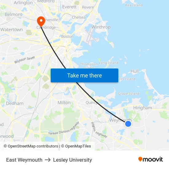 East Weymouth to Lesley University map