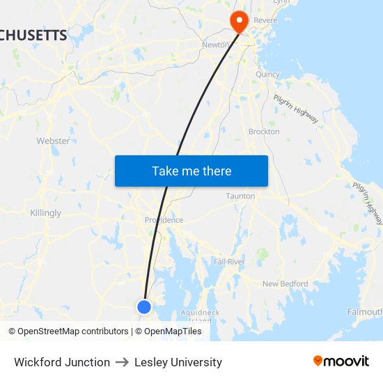 Wickford Junction to Lesley University map