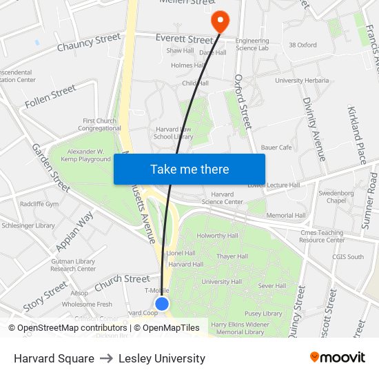 Harvard Square to Lesley University map