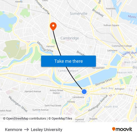 Kenmore to Lesley University map