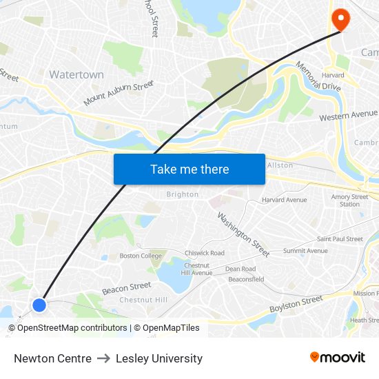 Newton Centre to Lesley University map