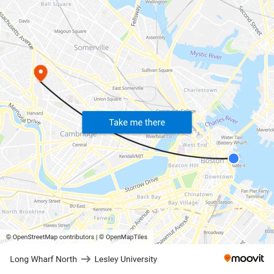 Long Wharf North to Lesley University map