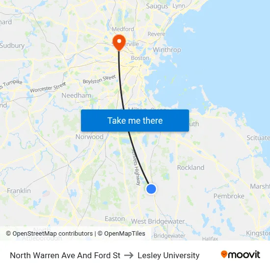 North Warren Ave And Ford St to Lesley University map