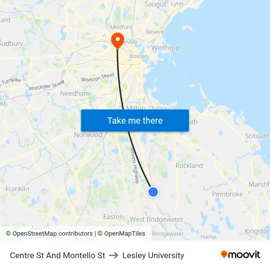 Centre St And Montello St to Lesley University map