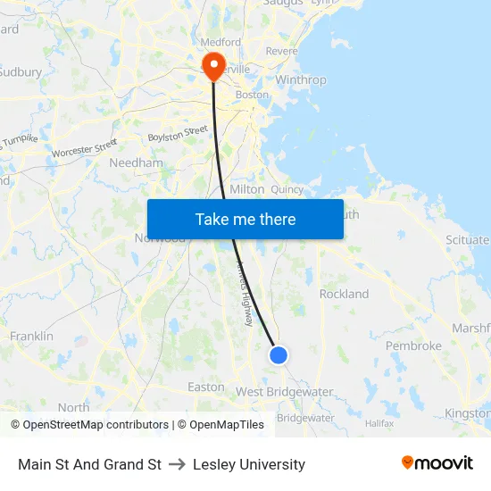 Main St And Grand St to Lesley University map