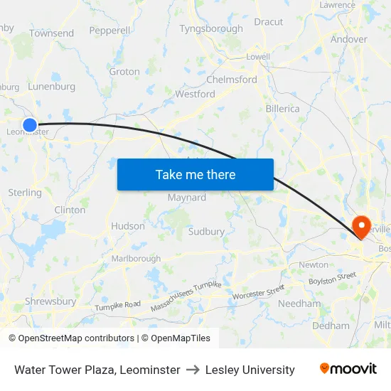 Water Tower Plaza, Leominster to Lesley University map