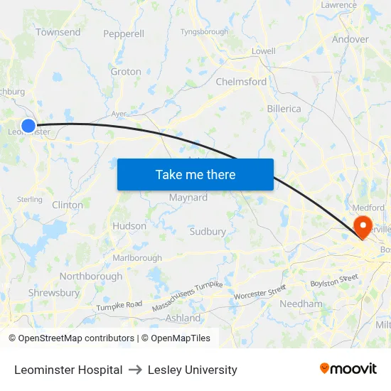 Leominster Hospital to Lesley University map