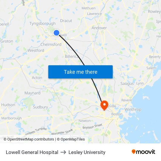 Lowell General Hospital to Lesley University map