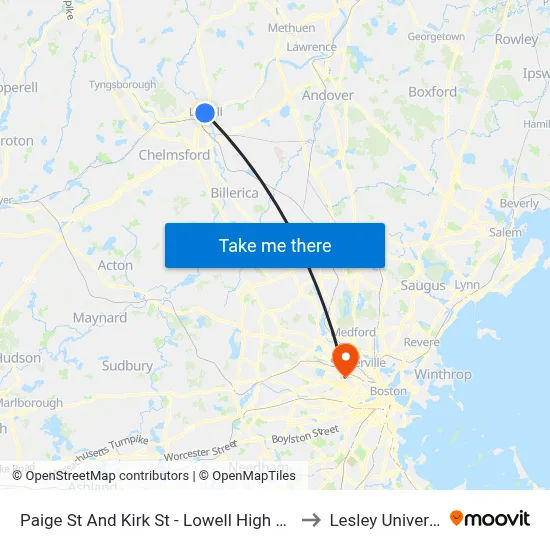 Paige St And Kirk St - Lowell High School to Lesley University map