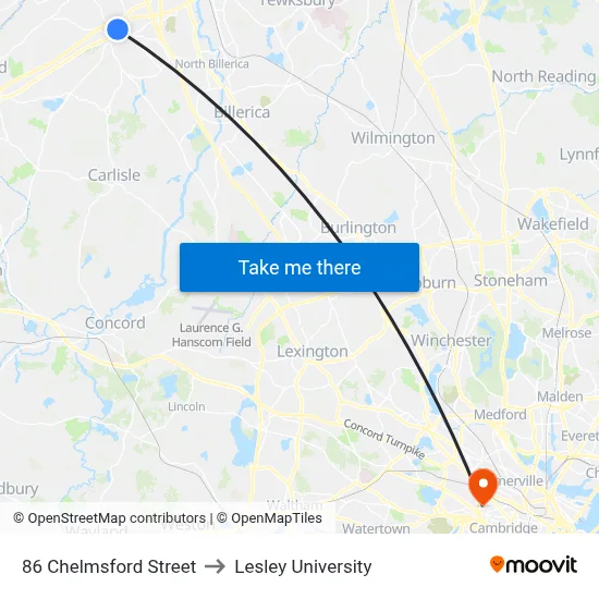 86 Chelmsford Street to Lesley University map
