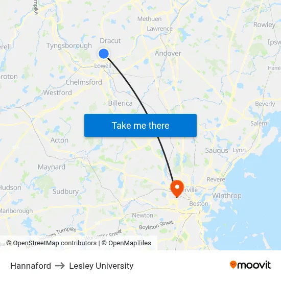 Hannaford to Lesley University map
