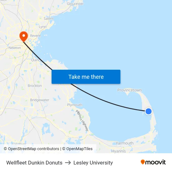 Wellfleet Dunkin Donuts to Lesley University map