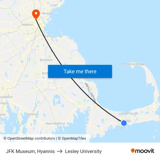 JFK Museum, Hyannis to Lesley University map