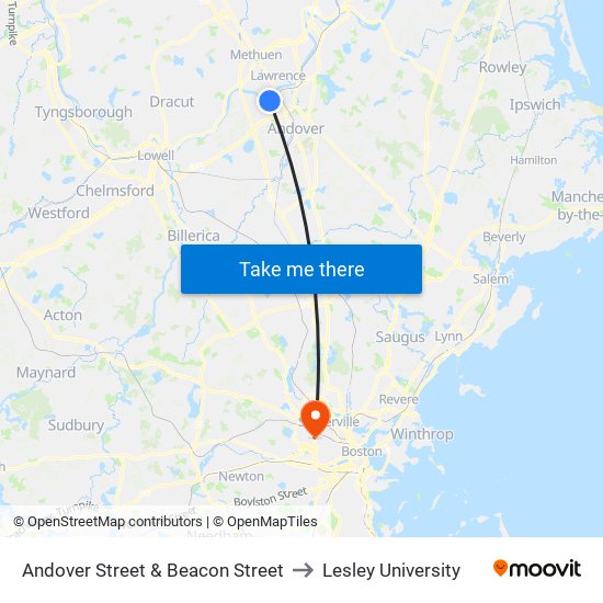 Andover Street & Beacon Street to Lesley University map