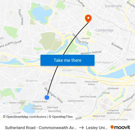Sutherland Road - Commonwealth Ave @ Colborne Rd to Lesley University map
