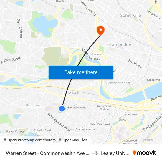 Warren Street - Commonwealth Ave @ Kelton St to Lesley University map