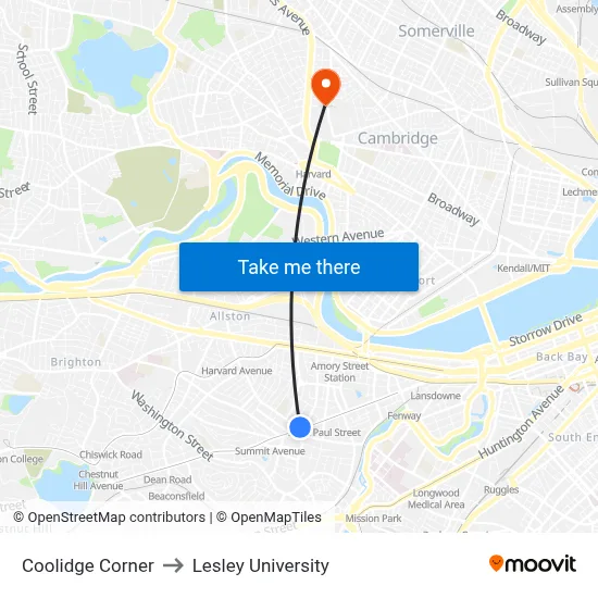 Coolidge Corner to Lesley University map