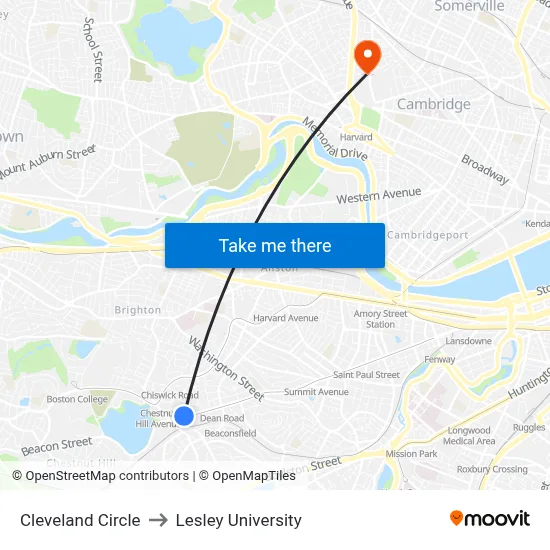 Cleveland Circle to Lesley University map