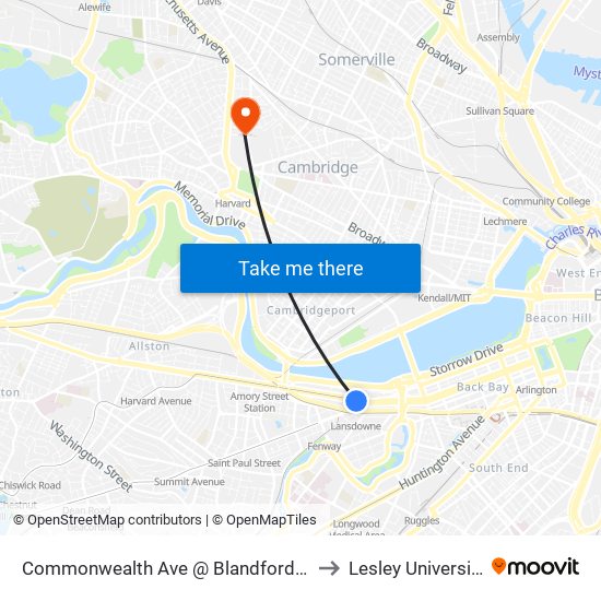 Commonwealth Ave @ Blandford St to Lesley University map