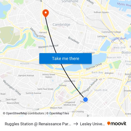 Ruggles Station @ Renaissance Park Garage to Lesley University map