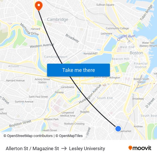 Allerton St /  Magazine St to Lesley University map