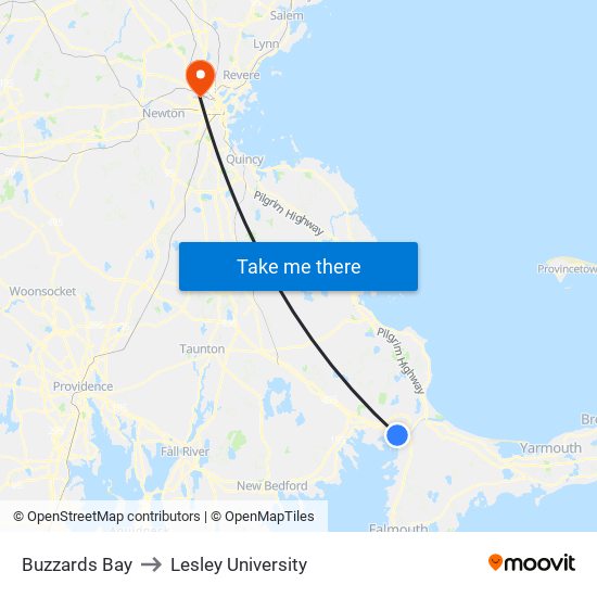 Buzzards Bay to Lesley University map