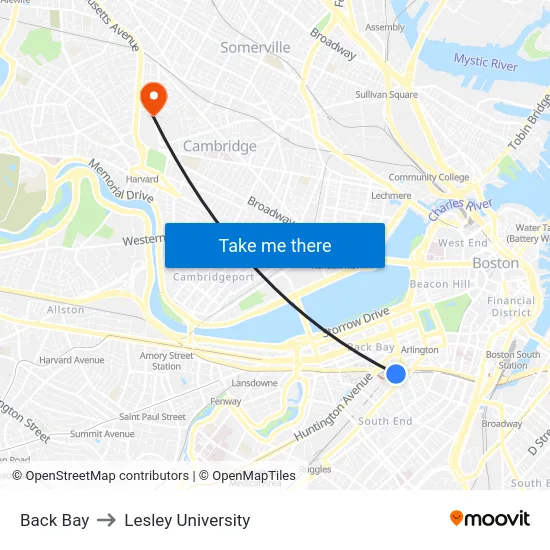 Back Bay to Lesley University map