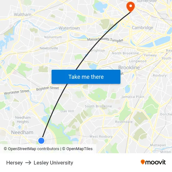 Hersey to Lesley University map