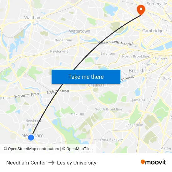 Needham Center to Lesley University map