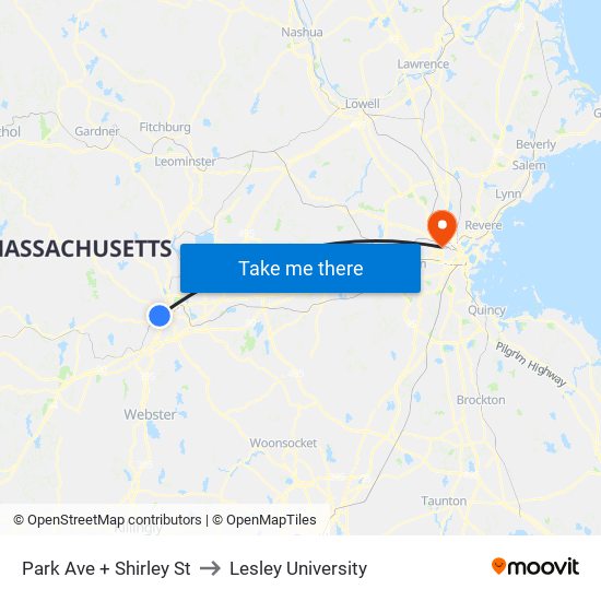 Park Ave + Shirley St to Lesley University map