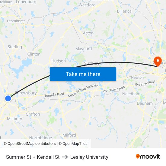 Summer St + Kendall St to Lesley University map