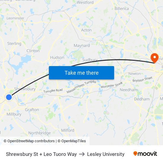 Shrewsbury St + Leo Tuoro Way to Lesley University map