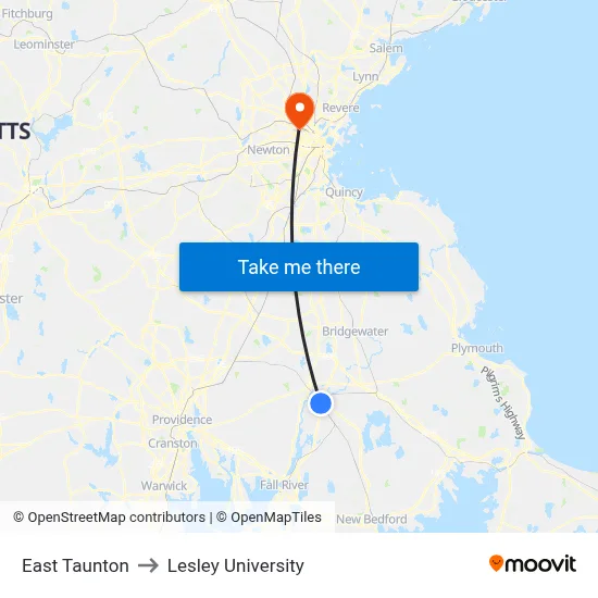 East Taunton to Lesley University map