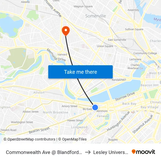 Commonwealth Ave @ Blandford St to Lesley University map