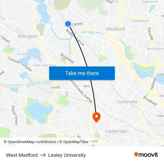 West Medford to Lesley University map