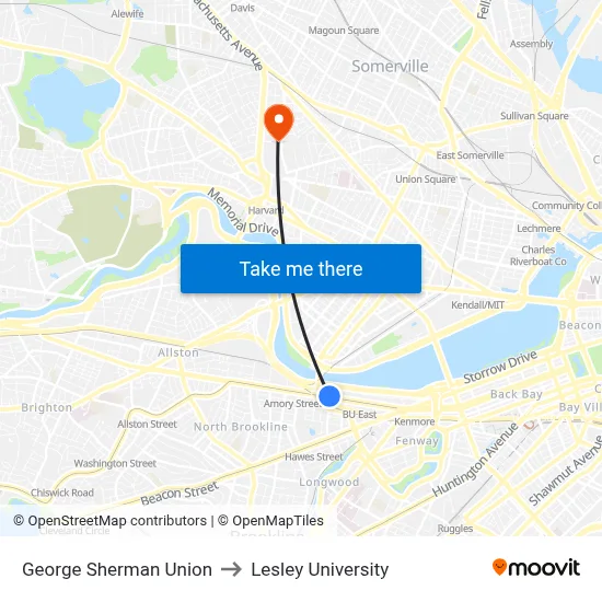 George Sherman Union to Lesley University map