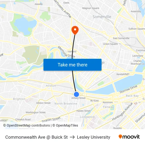Commonwealth Ave @ Buick St to Lesley University map
