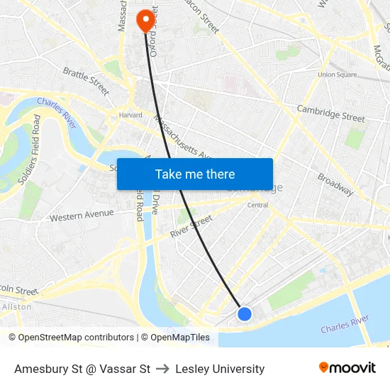 Amesbury St @ Vassar St to Lesley University map