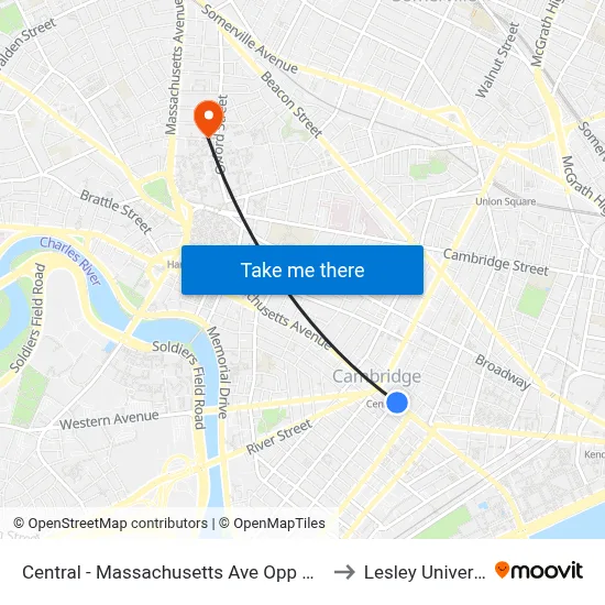 Central - Massachusetts Ave Opp Pearl St to Lesley University map