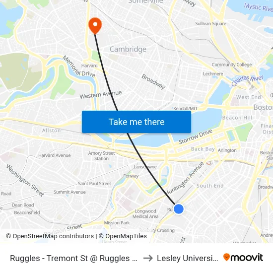 Ruggles - Tremont St @ Ruggles St to Lesley University map