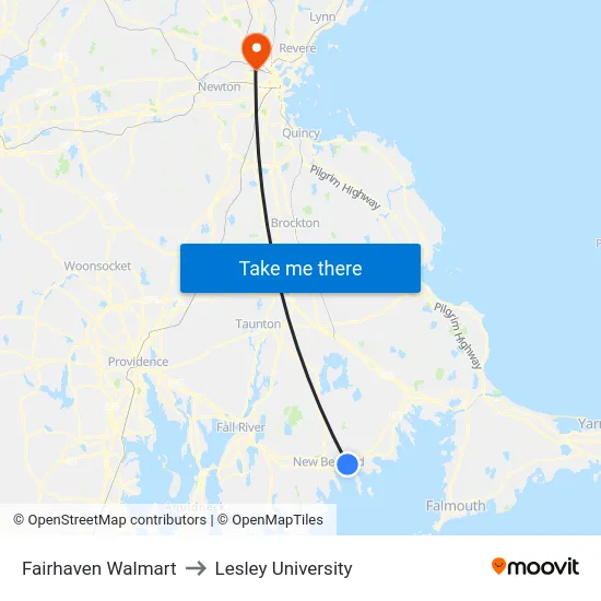Fairhaven Walmart to Lesley University map