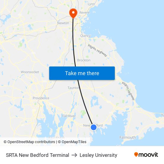 SRTA New Bedford Terminal to Lesley University map