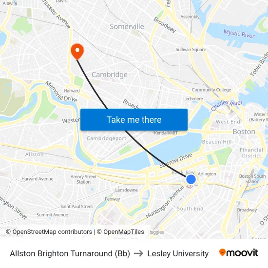 Allston Brighton Turnaround (Bb) to Lesley University map
