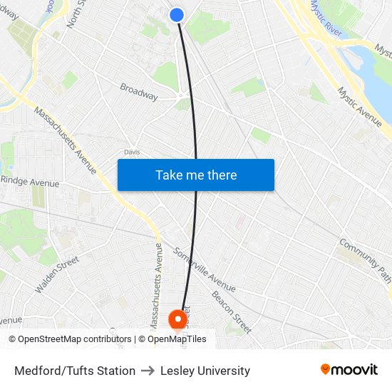 Medford/Tufts Station to Lesley University map