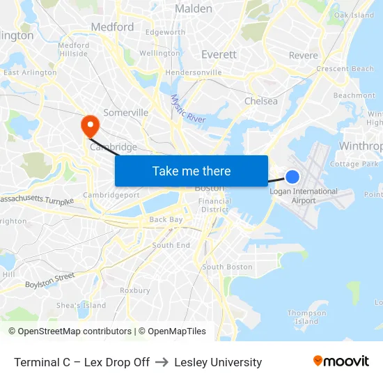 Terminal C – Lex Drop Off to Lesley University map