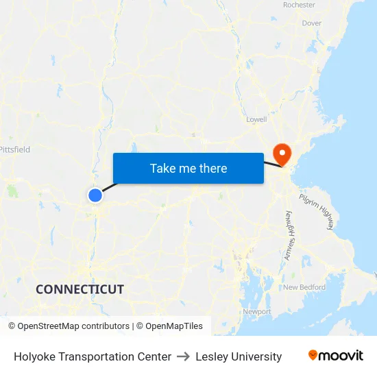 Holyoke Transportation Center to Lesley University map